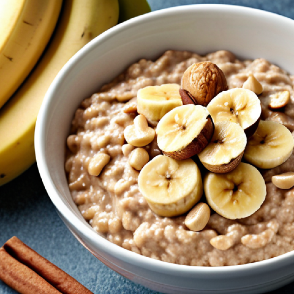 Oatmeal with banana, peanut butter, and cinnamon. (Image of a bowl of oatmeal topped with sliced banana, a dollop of peanut butter, and a sprinkle of cinnamon)