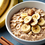 Oatmeal with banana, peanut butter, and cinnamon. (Image of a bowl of oatmeal topped with sliced banana, a dollop of peanut butter, and a sprinkle of cinnamon)